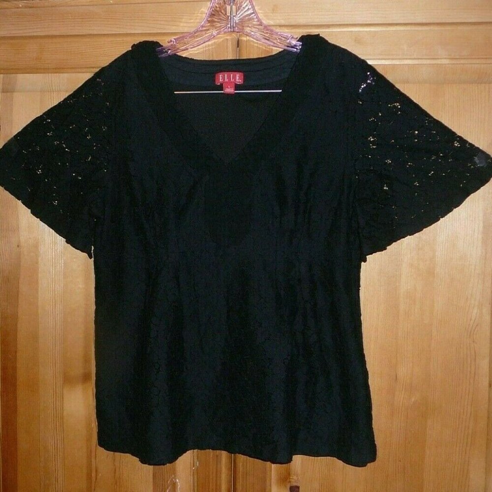 ELLE Womans Black Lace Butterfly Sleeves Blouse Size Large